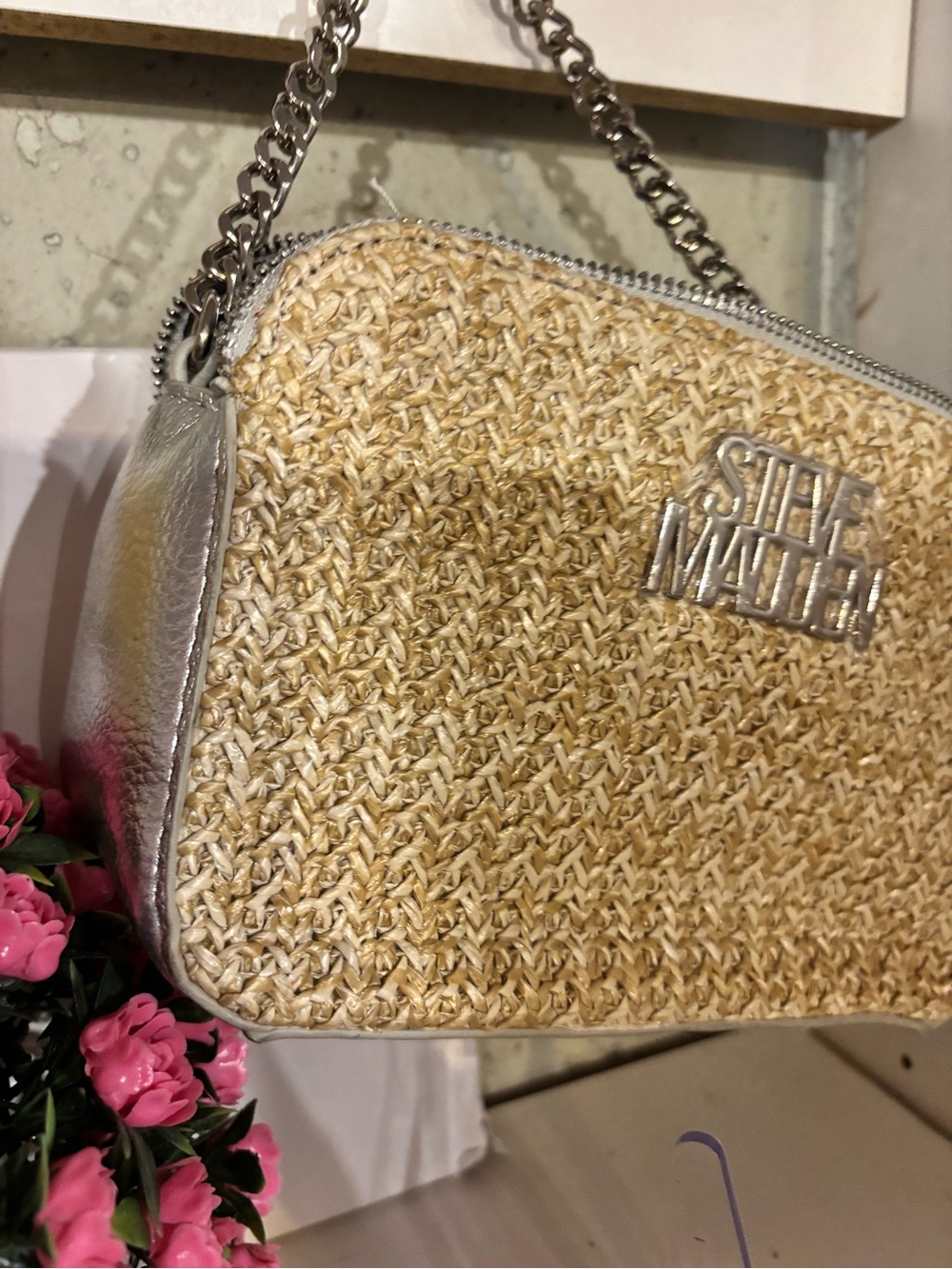 Steve Madden Natural Straw and Silver Chain Crossbody